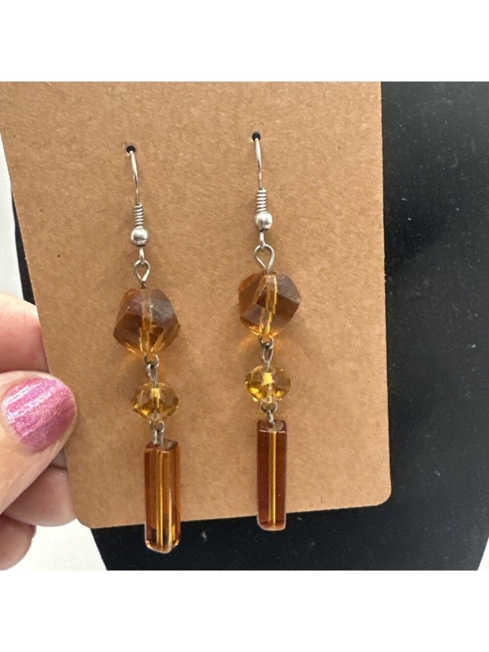 Tone Amber Coloered Faceted Glass Dangle Earrings 2.5”